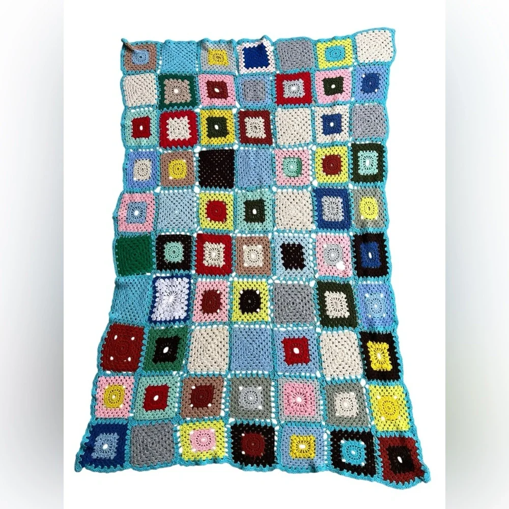 Retro Granny Square Crochet Afghan Blanket Throw Handmade Colorful 63x42” Boho